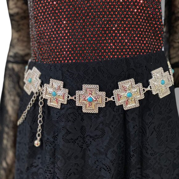 Accessories - Western Silver Textured Cross Medallion Links Turquoise Concho Belt - NEW